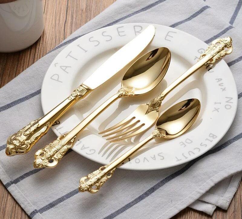 4pcs/set Stainless Steel Gold-plated Cutlery, Including Long